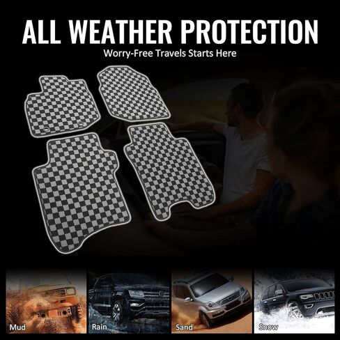 IKON MOTORSPORTS Loop Pile Tufted Car Floor Mats, Compatible with 2009-2013 Honda Fit, Checkered Grey Black Plaid, All Weather Anti-Slip 4PCS Set Car Protector Carpets in Saudi Arabia