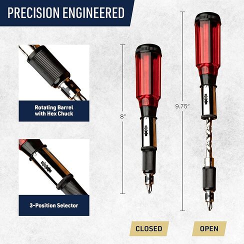 Kings County Tools Yankee Style Screwdriver | 7 Double-Sided Bits Included | Rotating Barrel with Hex Chuck | 3-Position Selector - Locked, Spiral-In and Spiral-Out | Easy on Hands in Kuwait