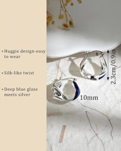Sterling Silver Hoop Earrings for Women with Blue Enameled Twist Earrings Hypoallergenic Silver Hoops in Kuwait