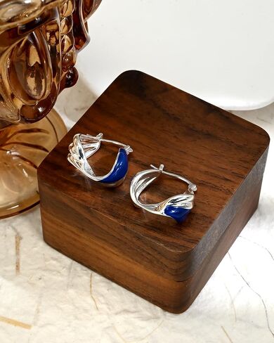 Sterling Silver Hoop Earrings for Women with Blue Enameled Twist Earrings Hypoallergenic Silver Hoops in Kuwait
