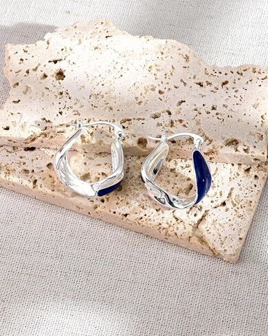 Sterling Silver Hoop Earrings for Women with Blue Enameled Twist Earrings Hypoallergenic Silver Hoops in Kuwait