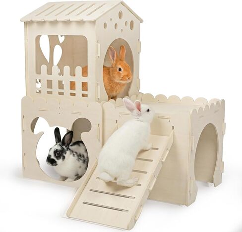 Large Rabbit Castles,Bunny Castle,Wooden Bunny House,Detachable Hamster Hideaway, Indoor Guinea Pig Castle with Ramp, Small Animal Houses & Habitats in Kuwait