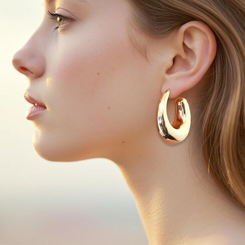 Chunky Gold Plated Hoop Earrings for Women – Lightweight Bold Open Circle Hoops with Hypoallergenic Posts – Modern Minimalist Statement Jewelry for Everyday or Party Wear in Kuwait