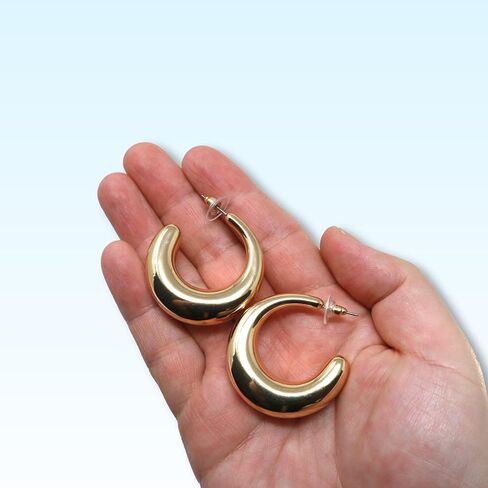 Chunky Gold Plated Hoop Earrings for Women – Lightweight Bold Open Circle Hoops with Hypoallergenic Posts – Modern Minimalist Statement Jewelry for Everyday or Party Wear in Kuwait