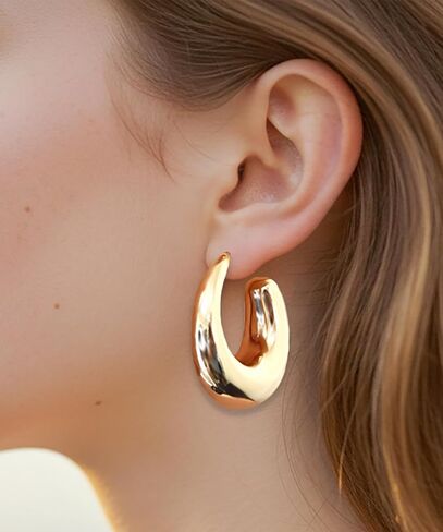 Chunky Gold Plated Hoop Earrings for Women – Lightweight Bold Open Circle Hoops with Hypoallergenic Posts – Modern Minimalist Statement Jewelry for Everyday or Party Wear in Kuwait