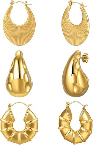 مجموعة 3 أزواج من الأقراط المطلية بالذهب عيار 18 قيراط للنساء أقراط ذهبية عصرية مكتنزة مضادة للحساسية للنساء مجوهرات in Kuwait