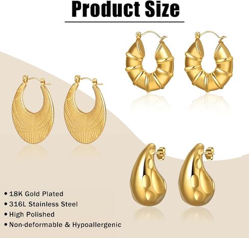 3 Pairs 18K Gold Plated Hoop Earrings Set for Women Hypoallergenic Chunky Trendy Gold Earrings for Women Jewelry in Saudi Arabia