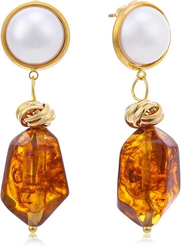 Gold and Brown Earrings for Women, Vintage Amber Resin Statement Earrings Hypoallergenic Lightweight, 18K Gold Plated Chunky Hoop for Her in Saudi Arabia