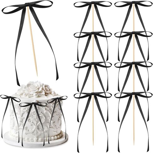 12Pcs Black Bow Cake Topper Bowknot Cake Decor Dessert Decorative Accessory for Engagement Wedding Anniversary Party Supplies in Kuwait