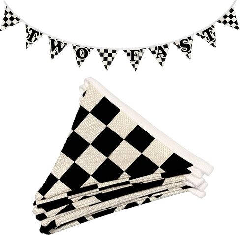 Two Fast Birthday Decorations, 2nd Birthday Decoration for Boys, Race Car Party Supplies for 2 Year Old Garland Triangle Banners,Black and White Checkered Linen Type Flags 11Ft Bunting Flags in Kuwait