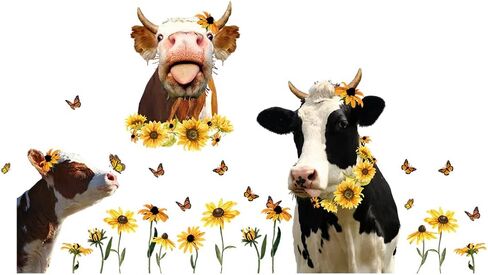 SUPERDANT Funny Farm Cow Wall Decor Cute Cow Sunflower Wall Sticker Funny Animal Wall Decals Butterfly Decor for Farmhouse Kitchen Kids' Room Window Decoration Living Room Nursery Wall Decor in Saudi Arabia