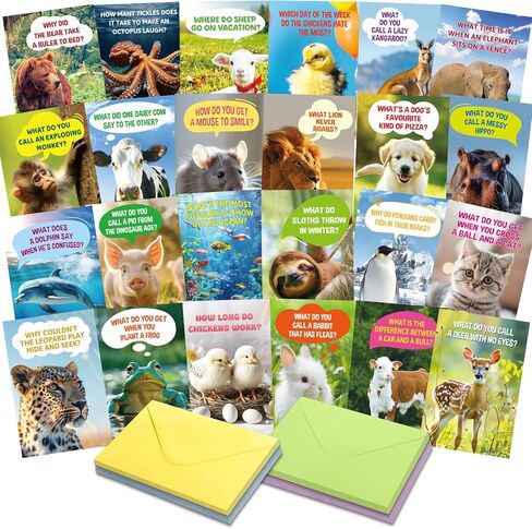 Treasure Cove Funny Animal Joke Cards No Repeats Humorous Animal Greeting Card Thinking of You Notecards with Envelopes Stickers for Kids Students Teacher Classroom Activities Party Supplies 24 Pcs in Kuwait