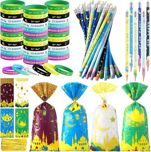 48 Kit Ramadan Mubarak Gifts For Kids Eid Ramadan Pencils Mubarak Wristbands Eid Cellophane Gift Bag for Ramadan Mubarak Party Favor Decorations Gifts in Saudi Arabia