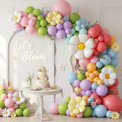Pastel Daisy balloon arch kit 135Pcs Pastel pink yellow green blue red Purple balloons with rainbow daisy Flowr balloon for spring Baby Shower Easter Birthday tea Party spring decorations in Saudi Arabia