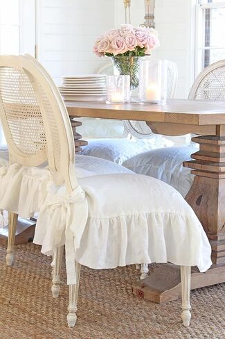 غطاء كرسي فاخر، مقاس XL مقاس 22 بوصة × 19 بوصة، كتان مكشكش، أغطية كراسي الطعام، غطاء منزلق، ديكور المزرعة، كتان ثقيل، (أبيض دافئ) in Kuwait