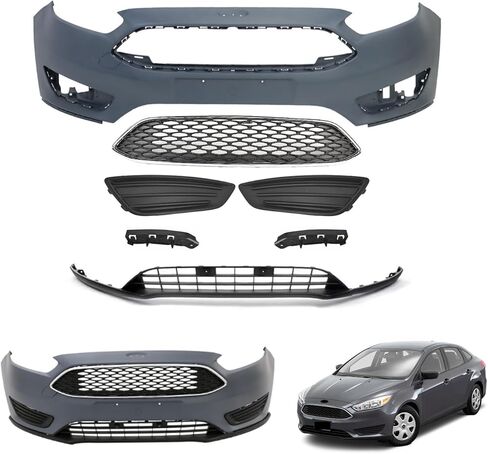 Focus Front Bumper Cover Kit Compatible with 2015 2016 2017 2018 Fo-rd Focus S SE SEL Titanium Sedan Hatchback 1.0L 2.0L W/Upper Grille Lower Grill & Fog Light Cover - Full Body Set in Kuwait