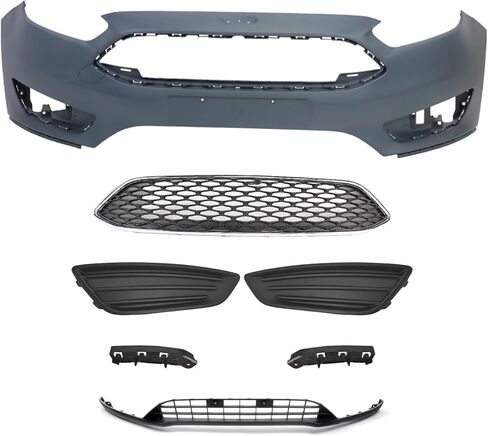 Focus Front Bumper Cover Kit Compatible with 2015 2016 2017 2018 Fo-rd Focus S SE SEL Titanium Sedan Hatchback 1.0L 2.0L W/Upper Grille Lower Grill & Fog Light Cover - Full Body Set in Kuwait