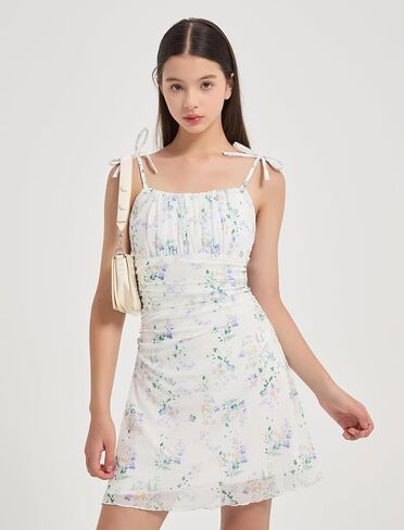 EXARUS Girls Floral/Swiss Dot Dress Teen Spaghetti Strap Mini Ruched Cami Boho A-Line Dresses Spring Easter Casual 8-14 in Saudi Arabia