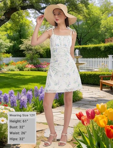 EXARUS Girls Floral/Swiss Dot Dress Teen Spaghetti Strap Mini Ruched Cami Boho A-Line Dresses Spring Easter Casual 8-14 in Saudi Arabia