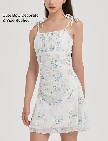 EXARUS Girls Floral/Swiss Dot Dress Teen Spaghetti Strap Mini Ruched Cami Boho A-Line Dresses Spring Easter Casual 8-14 in Saudi Arabia