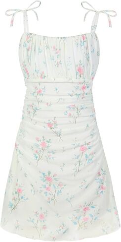 EXARUS Girls Floral/Swiss Dot Dress Teen Spaghetti Strap Mini Ruched Cami Boho A-Line Dresses Spring Easter Casual 8-14 in Saudi Arabia