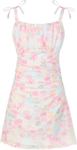 EXARUS Girls Floral/Swiss Dot Dress Teen Spaghetti Strap Mini Ruched Cami Boho A-Line Dresses Spring Easter Casual 8-14 in Saudi Arabia