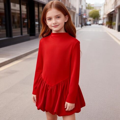 Girls' Long Sleeve Red Turtleneck Dress - Ruffled Hem Casual Party Red Dress for New Year Festival Party(4Y-7Y) in Saudi Arabia