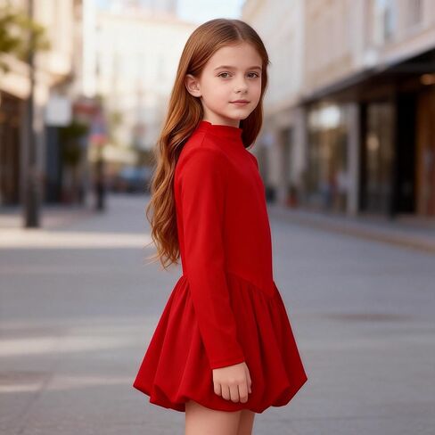 Girls' Long Sleeve Red Turtleneck Dress - Ruffled Hem Casual Party Red Dress for New Year Festival Party(4Y-7Y) in Saudi Arabia