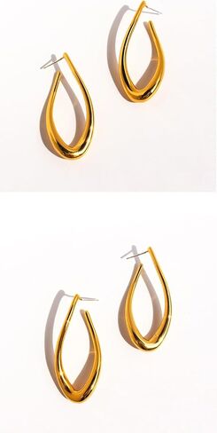 أقراط دائرية على شكل دمعة صغيرة مع صندوق مجوهرات مخملي، إبرة فضية نحاسية مطلية بالذهب 925، أقراط كبيرة على شكل حرف U لا تسبب الحساسية، طول 4.5 سم وعرض 2.1 سم، زوج 13.9 جرام in Kuwait