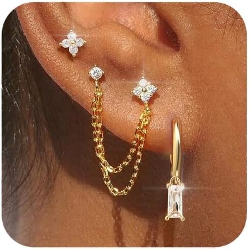 Gold Plated Earrings for Women Hypoallergenic Multiple Piercings Earring Stacks Huggie Hoop Earring Set Lightweight Chain Earrings Jewelry for Women Gift in Kuwait