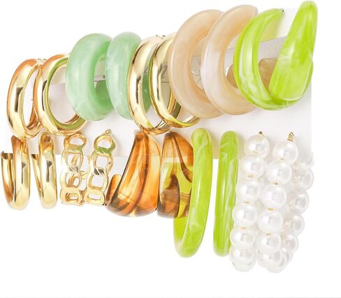 مجموعة من 10 أزواج من الأقراط الذهبية المكتنزة للنساء، مجموعة مجوهرات عصرية بأطواق سميكة in Kuwait