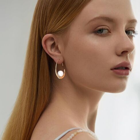 Gold Pearl Earrings Big Large Hoop Chunky Pearl Statement Earrings Fancy 14K Gold Plated Hoop for Women Lightweight 40MM in Kuwait