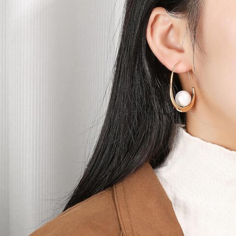 Gold Pearl Earrings Big Large Hoop Chunky Pearl Statement Earrings Fancy 14K Gold Plated Hoop for Women Lightweight 40MM in Kuwait