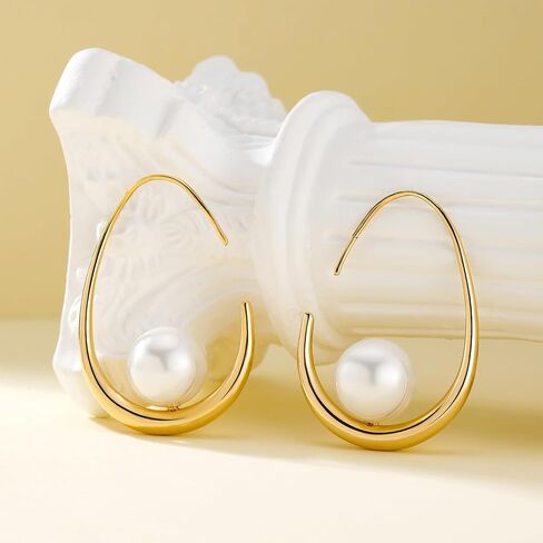 Gold Pearl Earrings Big Large Hoop Chunky Pearl Statement Earrings Fancy 14K Gold Plated Hoop for Women Lightweight 40MM in Kuwait