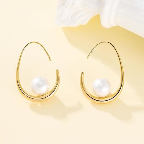 Gold Pearl Earrings Big Large Hoop Chunky Pearl Statement Earrings Fancy 14K Gold Plated Hoop for Women Lightweight 40MM in Kuwait