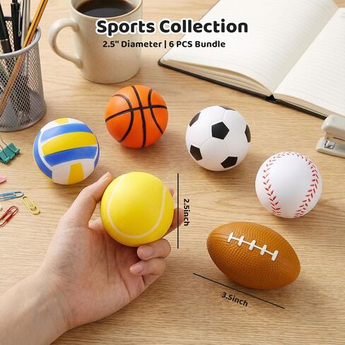 MCPINKY 6PCS Foam Stress Balls Bulk, 2.5inch Mini Sports Squeeze Balls Basketball Football Baseball Soccer Tennis Volleyball Toys for Kids Adults Party Favors in Kuwait