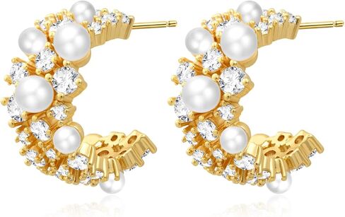 14K Gold Plated Pearl Hoop Cubic Zirconia Wedding Earrings for Bride and Bridesmaids White Pearl CZ Circle Earrings for Women in Kuwait
