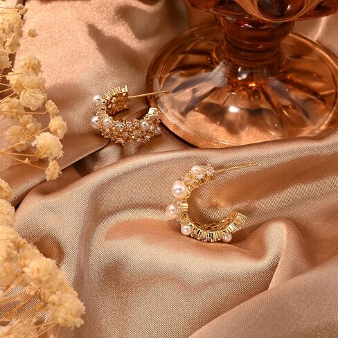 14K Gold Plated Pearl Hoop Cubic Zirconia Wedding Earrings for Bride and Bridesmaids White Pearl CZ Circle Earrings for Women in Kuwait