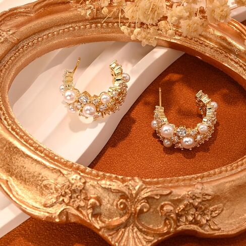 14K Gold Plated Pearl Hoop Cubic Zirconia Wedding Earrings for Bride and Bridesmaids White Pearl CZ Circle Earrings for Women in Kuwait