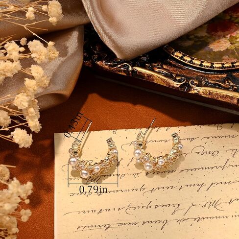 14K Gold Plated Pearl Hoop Cubic Zirconia Wedding Earrings for Bride and Bridesmaids White Pearl CZ Circle Earrings for Women in Kuwait