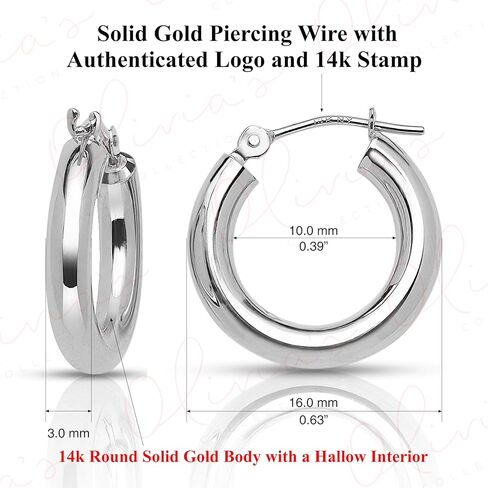 مجموعة أوليفيا أقراط دائرية مكتنزة من الذهب الأبيض عيار 14 قيراط (16-50x3.0 ملم)، ثقب الفص، الفص العلوي للمرأة أو الرجل أو المراهقين in Kuwait