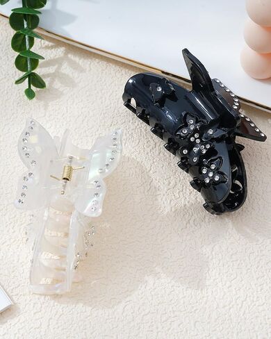 HOKEMP Butterfly Claw Clips for Women - 2 Pcs Rhinestone Acrylic Hair Claws for Thin Hair Elegant Hair Clips with Sparkling Crystal for Daily Half-Up Hairstyles (Black + Pearl White) in Saudi Arabia