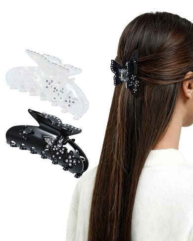 HOKEMP Butterfly Claw Clips for Women - 2 Pcs Rhinestone Acrylic Hair Claws for Thin Hair Elegant Hair Clips with Sparkling Crystal for Daily Half-Up Hairstyles (Black + Pearl White) in Saudi Arabia