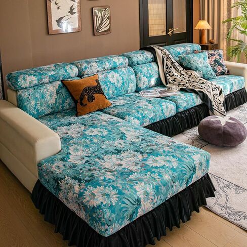 VOGOL Printed Armrest Cover for Couch, Retro Teal Floral Furniture Protector for Pets, Mix and Match Individual Piece with Pleated Skirt, 12" x 24", 1 Piece in Saudi Arabia