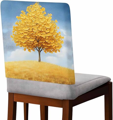 Yellow Tree Chair Back Cover for Dining Room Set of 4, Removable Kitchen Chair Slipcovers, Autumn Leaves Blue Sky Watercolor Washable Seat Protector for Restaurant Party Banquet Wedding Décor in Saudi Arabia