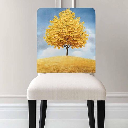 Yellow Tree Chair Back Cover for Dining Room Set of 4, Removable Kitchen Chair Slipcovers, Autumn Leaves Blue Sky Watercolor Washable Seat Protector for Restaurant Party Banquet Wedding Décor in Saudi Arabia
