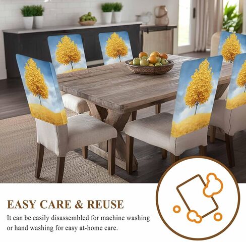 Yellow Tree Chair Back Cover for Dining Room Set of 4, Removable Kitchen Chair Slipcovers, Autumn Leaves Blue Sky Watercolor Washable Seat Protector for Restaurant Party Banquet Wedding Décor in Saudi Arabia