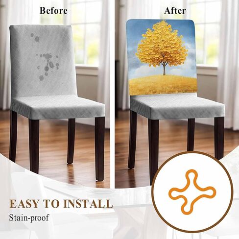 Yellow Tree Chair Back Cover for Dining Room Set of 4, Removable Kitchen Chair Slipcovers, Autumn Leaves Blue Sky Watercolor Washable Seat Protector for Restaurant Party Banquet Wedding Décor in Saudi Arabia