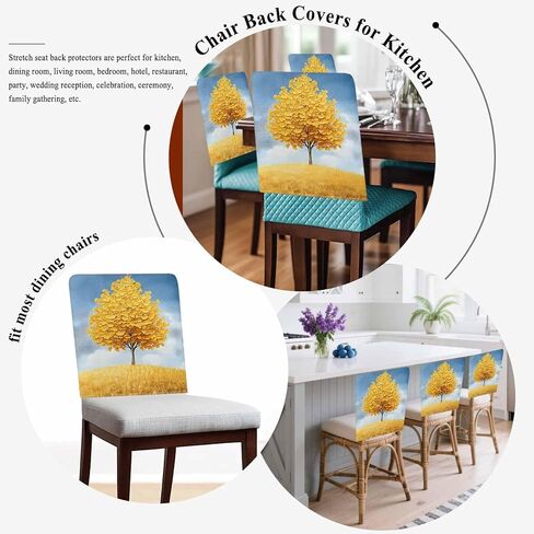 Yellow Tree Chair Back Cover for Dining Room Set of 4, Removable Kitchen Chair Slipcovers, Autumn Leaves Blue Sky Watercolor Washable Seat Protector for Restaurant Party Banquet Wedding Décor in Saudi Arabia