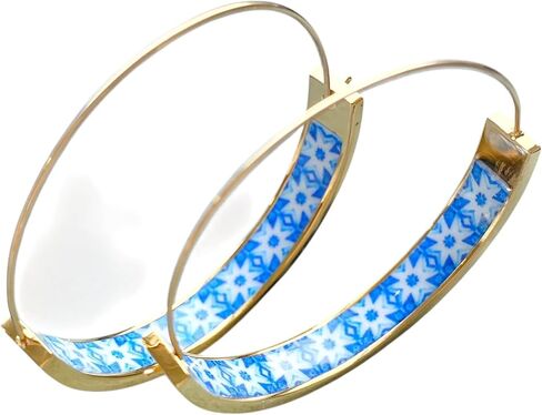 Hoop Earrings Atrio Tile Blue Portugal Evora STAINLESS STEEL Wedding Bridal Earrings Delicate 1.5" Ships from USA Gift for her Gold Tone in Kuwait